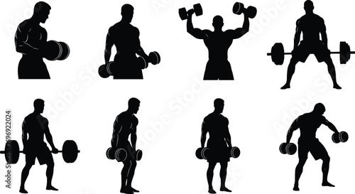 Silhouette vector of muscular men lifting dumbbells and barbells, fitness workout poses for gym training and bodybuilding design elements.