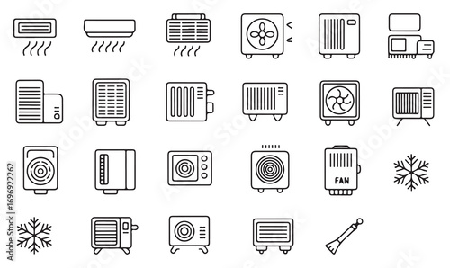 Line art icons of heating and cooling devices, household appliances, air circulation, radiators, fans, and climate systems