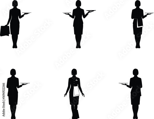 Silhouette Waitress Holding Tray in Uniform Vector Illustration for Restaurant Service, Hospitality Staff, Food Serving and Catering Industry Design