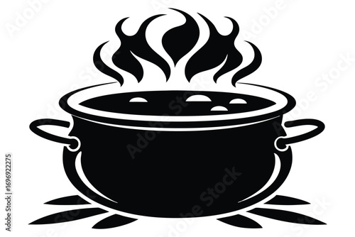 Black Cauldron with Boiling Liquid and Flames Pictogram Style Image Design