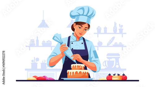 Chef's sweet creation: A skilled pastry chef, in a chef's hat and apron, carefully adorns a cake with a pastry bag. The art of baking is on display in this beautifully crafted illustrative rendering.