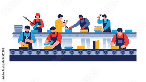 Assembly Line Harmony: A colorful illustration captures the dynamic energy of an assembly line, where dedicated workers collaborate in precise steps. 