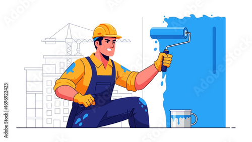 Professional Painter: A skilled tradesperson meticulously applies vibrant blue paint to a wall, embodying precision and the art of transformation within the construction industry.