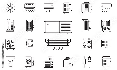 HVAC line icons set including air conditioning, heating, ventilation, climate control and household appliances isolated on white background