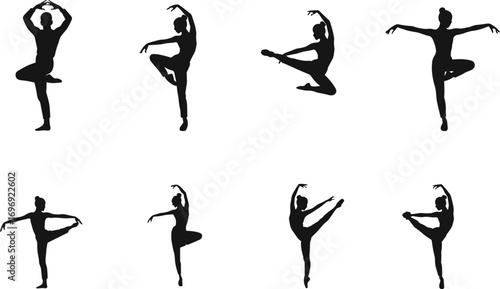 Silhouettes of ballet dancers in elegant poses showcasing grace, balance, performance art, classical movement, and artistic dance expressions.