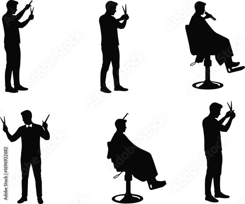 Silhouettes of barber cutting hair in salon with scissors and chair, professional hairstylist grooming male client in barbershop scene