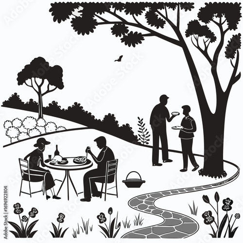 Silhouette of people enjoying a picnic and barbecue in a park setting outdoor family
