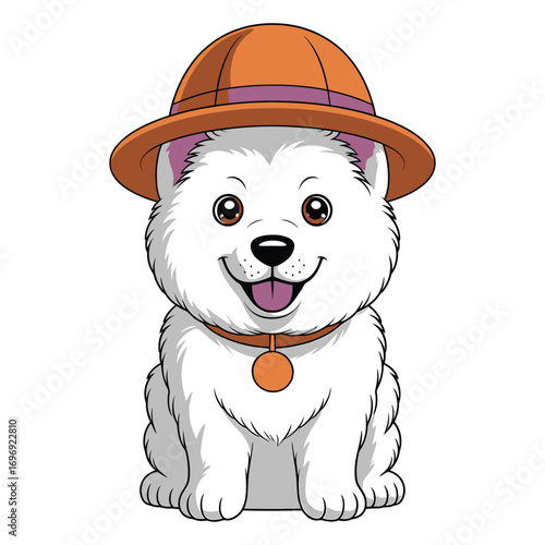 Adorable white husky puppy with an orange hat this cute cartoon dog is sitting and smiling, a delightful addition to any project