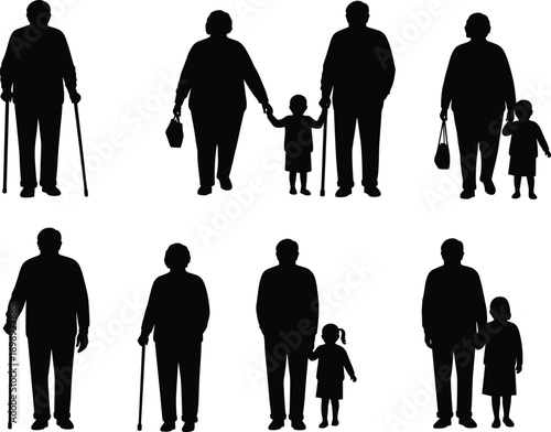 Silhouettes of elderly grandparents with grandchildren, walking together, holding hands, using canes, family love, caring relationships concept