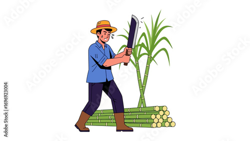 Sugar Cane Cutter: A farmer, wielding a machete, harvests sugar cane stalks in a vibrant illustration. The image conveys rural industry and manual labor.