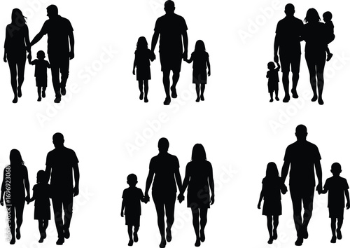 Silhouettes of happy families walking together, parents holding hands with children, family unity, love, bonding, parenthood, parenting, togetherness, outdoor walk concept