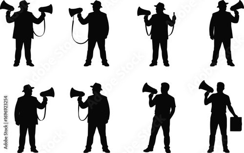 Silhouettes of men with megaphones making announcements, speaking, protesting, promoting, and delivering public messages for communication and activism illustration.