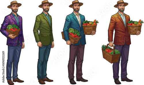Smiling farmer holding fresh organic vegetables basket, wearing stylish jacket and hat, healthy food agriculture harvest market illustration concept