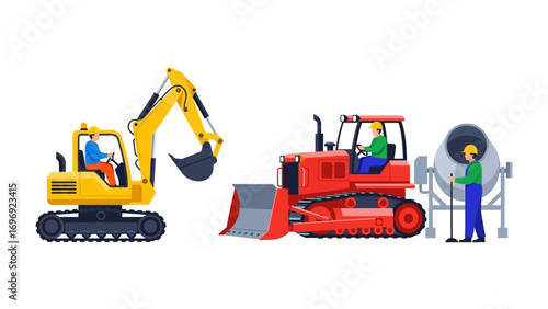 Construction Machinery at Work: A vivid illustration showcasing construction machinery engaged in their core functions, highlighting the essence of heavy industry.