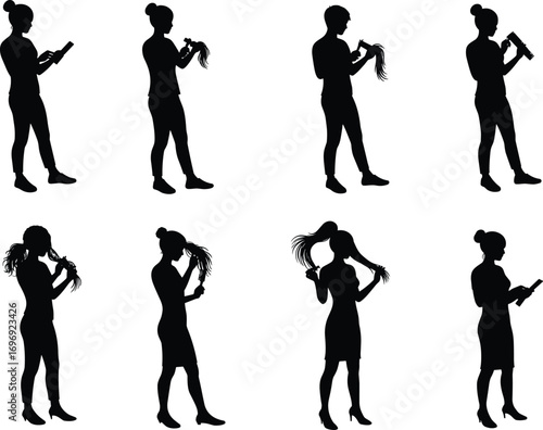 Silhouettes of women holding hair extensions, wigs, styling hair, beauty concept, female hair care, hairstyling tools, fashion and glamour