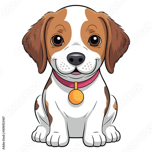 Cartoon beagle puppy adorable illustration of a cute dog with brown and white fur, wearing a pink collar and a golden tag