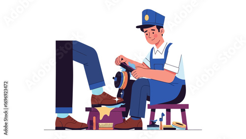 Shoe Shine Service: A skilled shoe shiner meticulously polishes a customer's shoe, showcasing craftsmanship and attention to detail. Capturing the essence of a classic service.