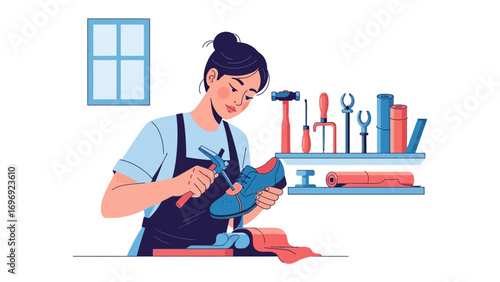 Artisan Crafting a Shoe: An illustration of a skilled artisan meticulously crafting a shoe, surrounded by tools of their trade, in a light and airy studio setting.