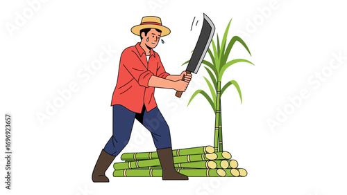 Cane Harvester at Work: An illustration of a man harvesting sugar cane in a field, meticulously cutting down the tall stalks, embodies the essence of rural labor.