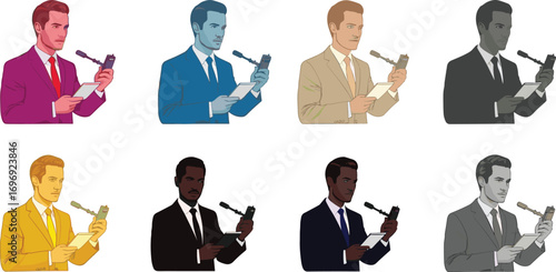 Young businessman reading notes at microphone, professional man in suit preparing speech, colorful vector illustration multiple versions corporate concept.eps