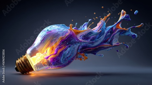 Wallpaper Mural This abstract image showcases a glowing lightbulb bursting with vibrant, colorful paint. Swirls of blue, purple, and orange erupt from the bulb, creating a dynamic and energetic. Torontodigital.ca