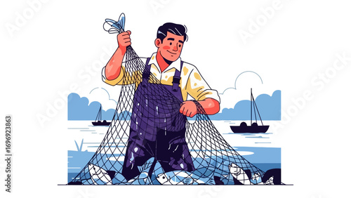 Fisherman's Catch: A fisherman, with a determined expression, triumphantly hauls in a bountiful net filled with glistening fish, a true testament to skill and the promise of the open sea.