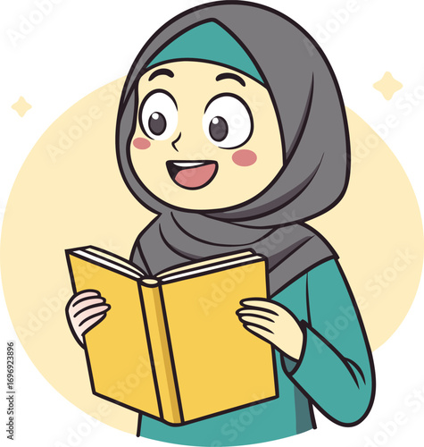 A cheerful young girl wearing a hijab smiles brightly while engrossed in reading an open book symbolizing education and knowledge acquisition