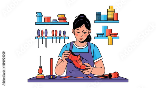 Shoe repair Artisan: A skilled female artisan, clad in an apron, meticulously works on a red shoe at her workbench. She is surrounded by essential tools.