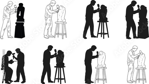 Silhouettes of traditional artist kneeling and writing calligraphy with brush on wooden desk, perfect vector for cultural and artistic concepts.