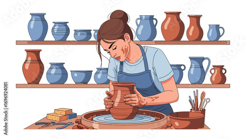 Artisan at the Wheel: A skilled artisan attentively shapes a pottery vase on a spinning wheel, surrounded by a collection of ceramic creations and tools of the trade. A moment of creative focus.