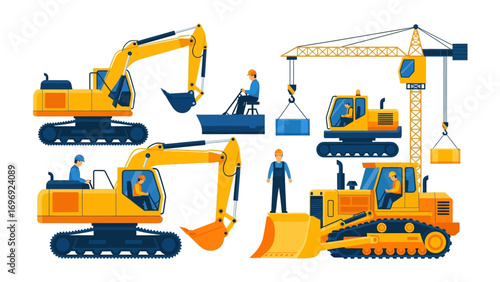 Construction Site Equipment: A vector illustration showcases an array of yellow construction vehicles. With meticulous detail, the scene highlights excavators, a crane, and bulldozer. Also a worker.