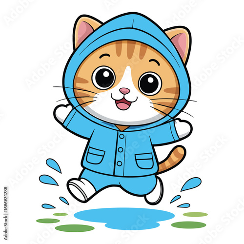 A playful cartoon illustration of a tabby cat wearing a blue raincoat and hood, jumping in a puddle