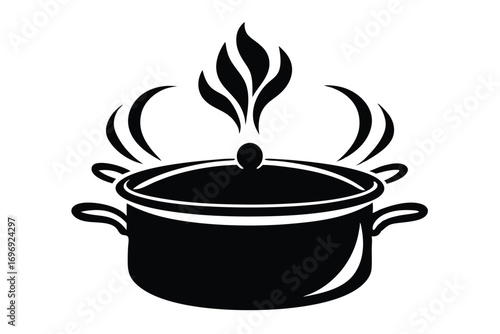 Black boiling cooking pot with steam isolated, representing food preparation or mealtime