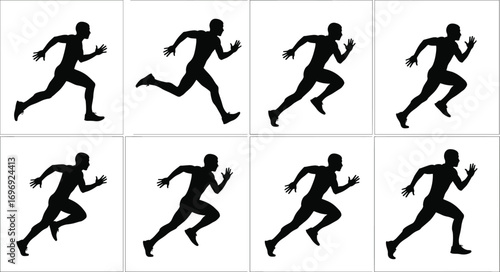Vector silhouettes of male runners in dynamic sprint poses, athletic fitness, sports action, speed, energy, movement, power, and exercise concept.