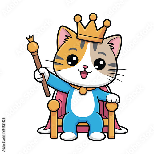 A cute cartoon cat is sitting on a throne the cat is wearing a crown and robe, and is holding a scepter