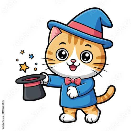 A cute cartoon cat is performing magic the cat is wearing a magicians hat and cape, and is holding a magic wand