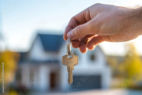 Hand holding key to new home representing property ownership and dreams