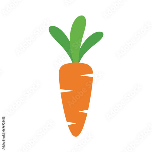A simple, stylized illustration of a bright orange carrot with vibrant green leafy tops, isolated on a clean white background.