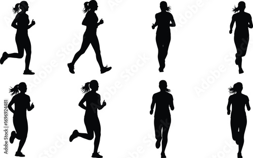 Vector silhouettes of running women in motion, fitness, exercise, jogging, health and sports activity, active lifestyle illustration set.