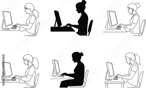 Women call center operators working on computers, wearing headsets, customer service, technical support, office work, communication, remote assistance, professional staff