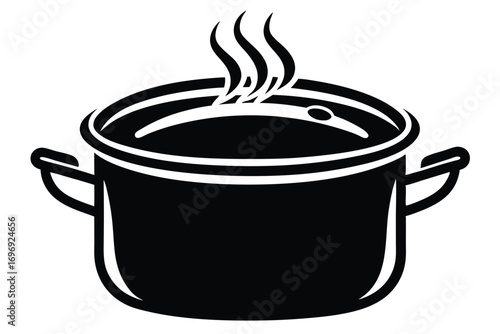 Black and White Vector Illustration of a Steaming Cooking Pot with Handles
