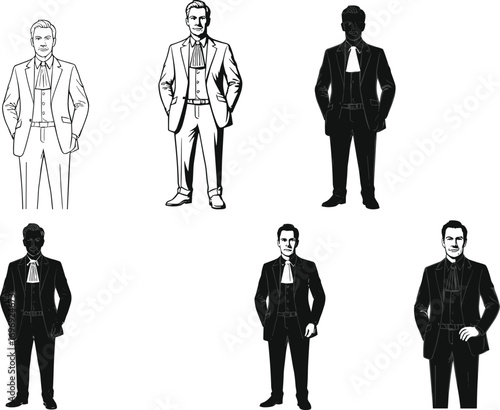 Vintage Victorian Men in Classic Suits Standing Poses, Black and White Style Illustration for Historical Fashion and Character Design