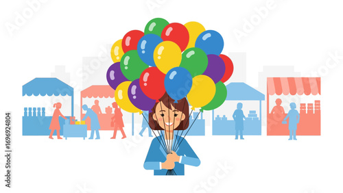 Balloons in the Marketplace: A vibrant scene of joy unfolds at a bustling marketplace, where a woman radiates happiness, gracefully holding a bundle of colorful balloons. It's a cheerful day out.