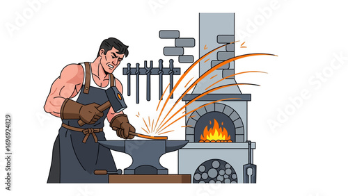 Forge's fiery craftsmanship: In a moment of artistic creation, a skilled blacksmith wielding a hammer and glowing metal within a rustic forge, surrounded by his essential tools.