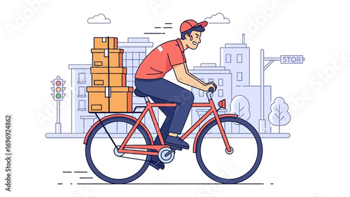 Delivery Cyclist in City: A dedicated delivery cyclist navigates a cityscape, efficiently transporting packages, symbolizing swift service and urban logistics.