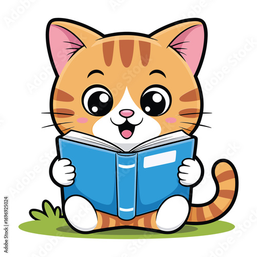 A cute cartoon cat with orange stripes is reading a blue book, sitting on the grass and smiling