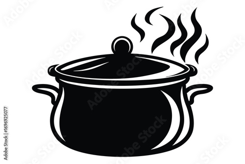 Black and White Pot with Lid and Rising Steam Illustration Style Image