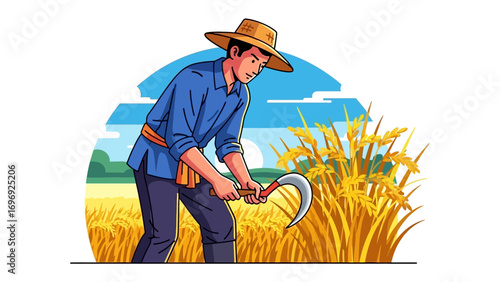 The Farmer and the Field: An illustration showing a farmer expertly harvesting a golden wheat field under a bright sky. 