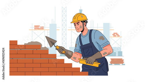 Bricklayer at Work: A skilled construction worker expertly lays bricks, meticulously crafting a wall with precision and dedication, showcasing the art of building and craftsmanship.