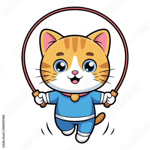 Cute cartoon cat jumping rope adorable kitten in sportswear doing exercise healthy lifestyle, fitness, and sport concept